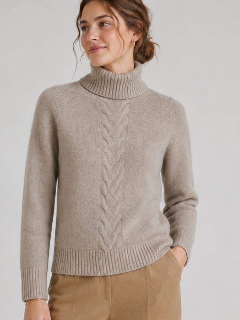 C by Bloomingdale’s Cashmere Cable Knit Turtleneck Sweater in Oatmeal Beige